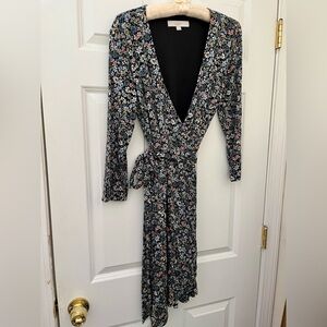 LOFT navy Floral Long Sleeve wrap Dress